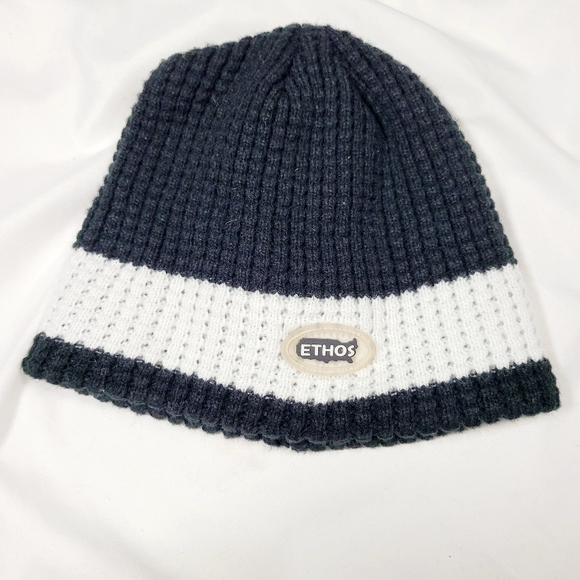 KB Ethos Men's Winter Hat Waffle Fleece Beanie Black/White Stripe - Picture 5 of 8